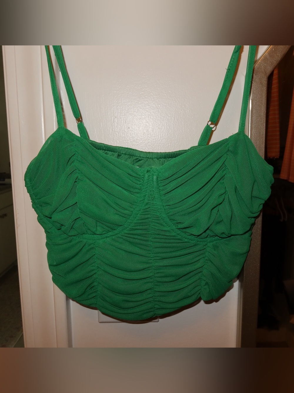 White Fox Ruched Green Spaghetti Strap Crop Top